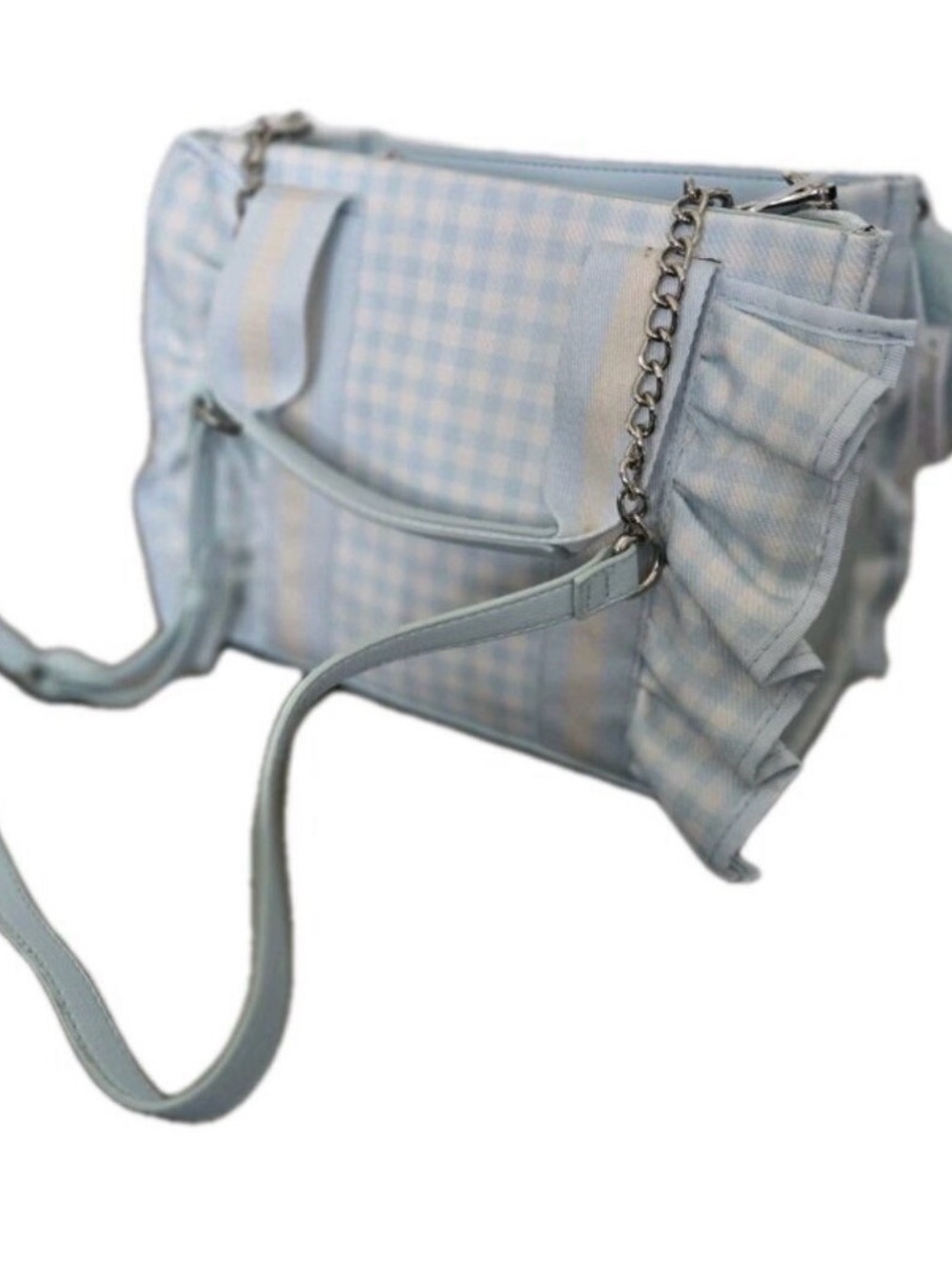 Betsey Johnson Pastel Blue & White Gingham Tote with Heart Charm - Picture 3 of 7